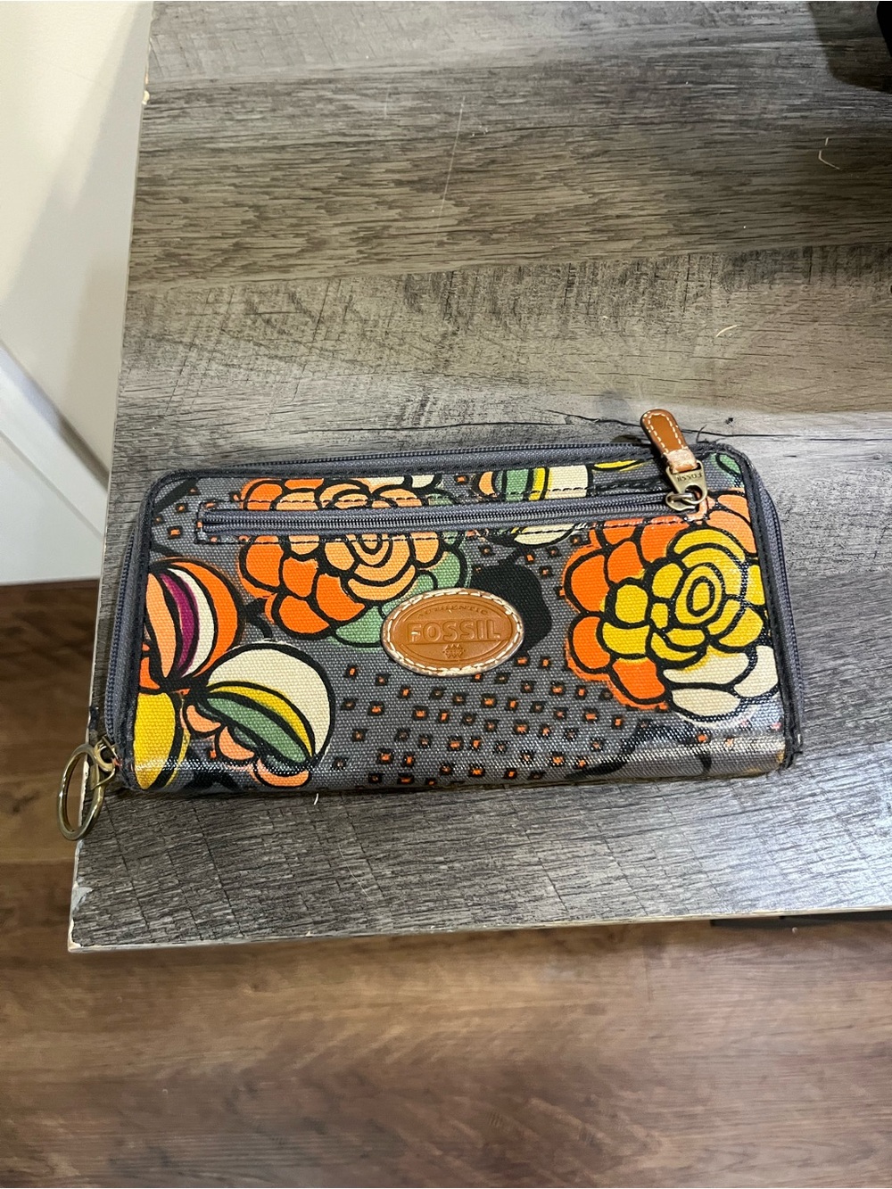 Fossil Floral Zip Wallet in Gray with Orange and Yellow Accents